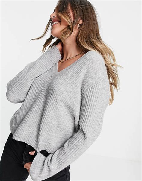 Asos Design Boxy Sweater In V Neck With Rib In Gray Asos