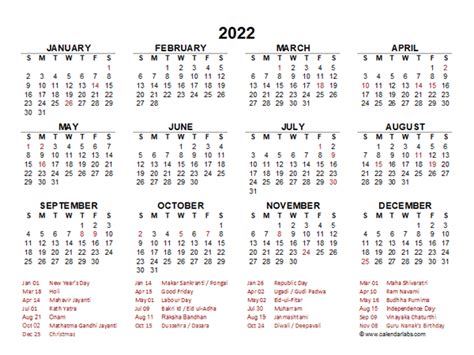 2022 Calendar With Holidays Pictures