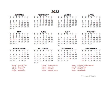 2022 Year At A Glance Calendar With Singapore Holidays Free Printable