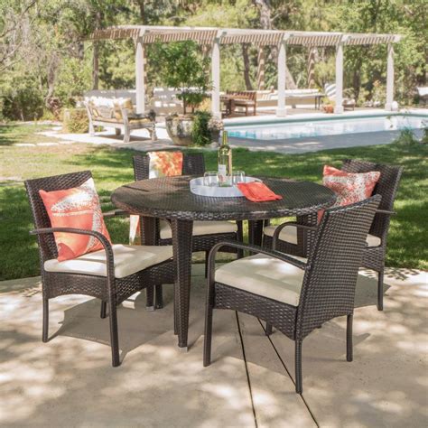 Noble House Manuel Multibrown 5 Piece Wicker Round Outdoor Dining Set