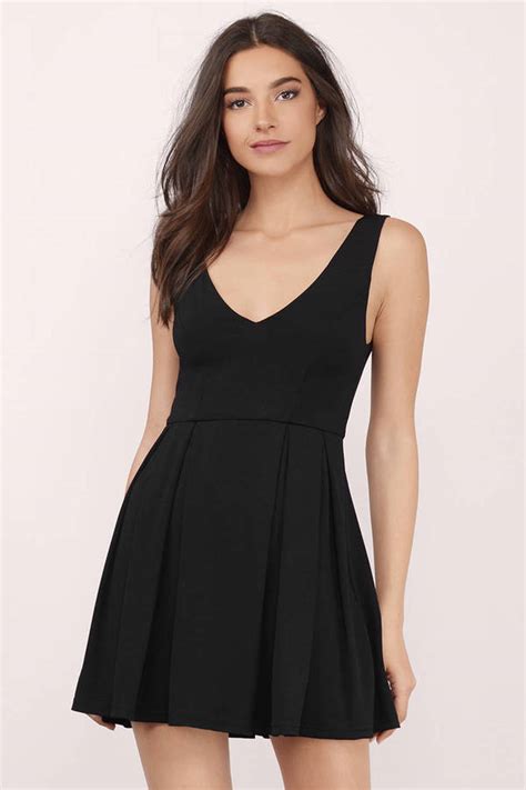 Black Skater Dress Black Dress Deep V Dress Black Skater