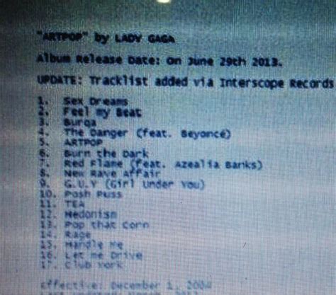 Artpop Leak Tracklist Gaga Thoughts Gaga Daily