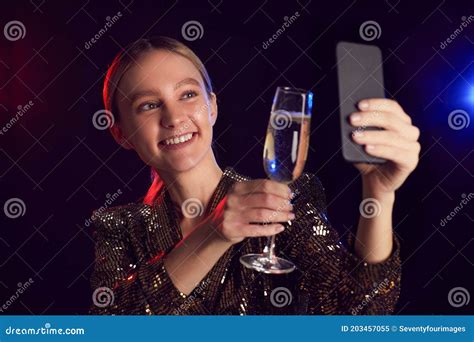elegant blonde girl taking selfie at nightclub party stock image image of closeup celebrating