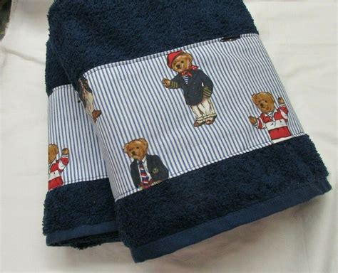 A navy blue and white flat weave cotton hand towel, perfect for washrooms and bathrooms. Ralph Lauren fabric POLO TEDDY BEAR Navy Blue Hand Towels ...