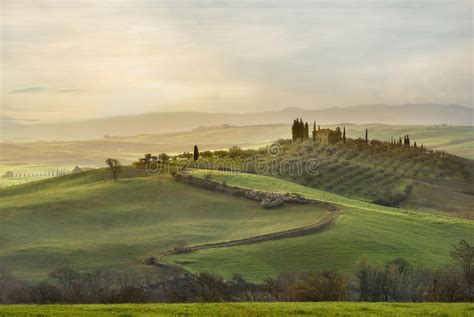 Panoramic View Of Valley Val D Orcia On Sunrise Tuscany Italy Stock