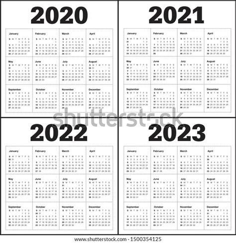 Year 2020 2021 2022 2023 Calendar Stock Vector Royalty Free 1500354125