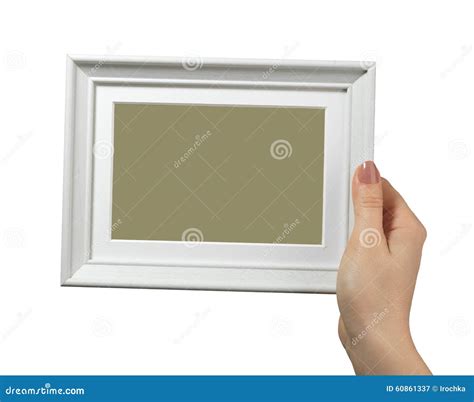 Female Hand Holding A Wooden Frame Isolated On White Background Stock