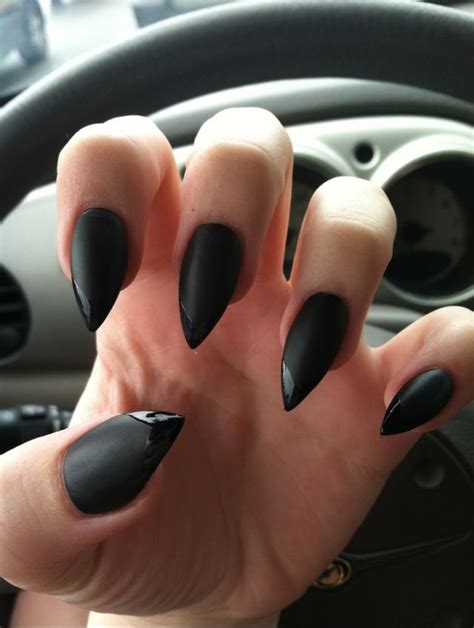 shinny black on top of flat black classy black nails pointy nails pointed nails