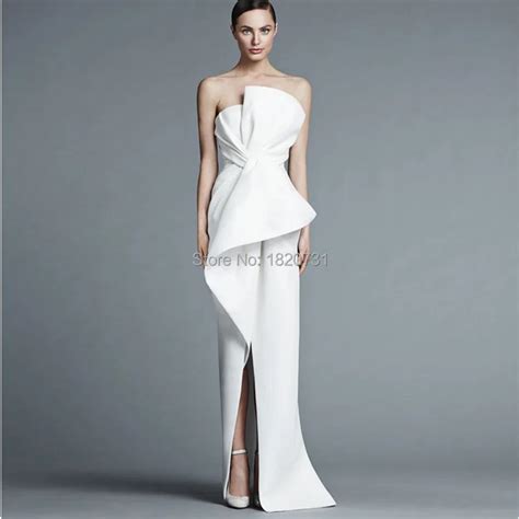 Unique Strapless White Evening Dresses Long Satin Fashion Evening Dress