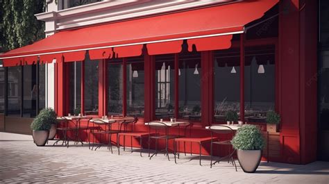 테이블과 의자가 있는 빨간색 카페 전면 외관의 3d 모델 빨간색 천막과 야외 테이블이 있는 아늑한 카페 건물의 3d 그림