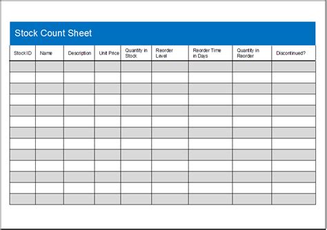 Stock Count Sheet Template Ms Excel Xlsx Worksheet