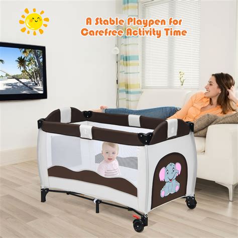 Costway Coffee Baby Crib Playpen Playard Pack Travel Infant Bassinet