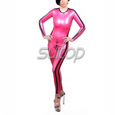 Female S Latex Catsuit With Back Zip In Metallic Pink Red