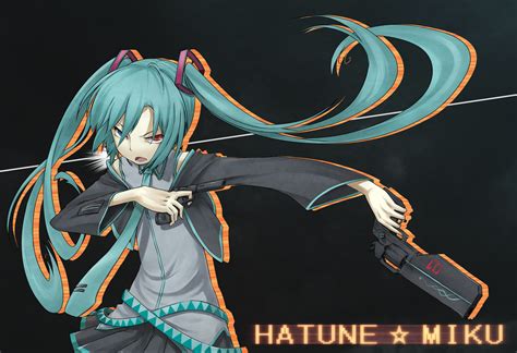 Aqua Hair Bicolored Eyes Black Gun Hatsune Miku Long Hair Skirt Tie Twintails Vocaloid Weapon