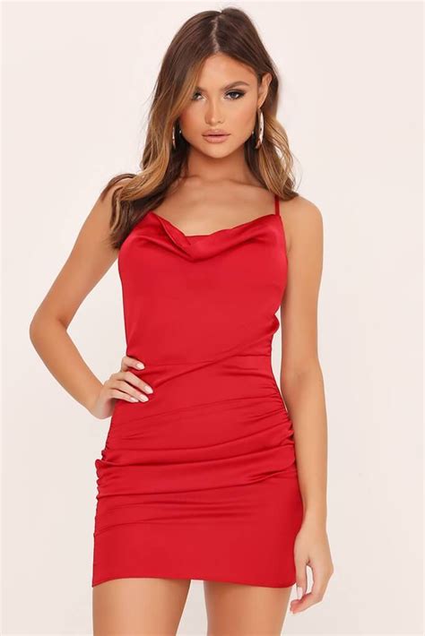 Red Cowl Neck Ruched Satin Mini Dress Mini Dress Mini Dress Outfits Check Pinafore Dress