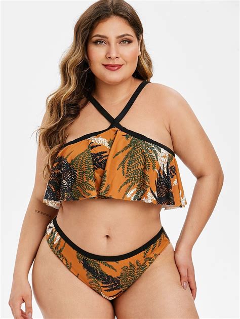 Plus Size Leaf Print Flounce Bikini Swimsuit Ad Spon Print Leaf