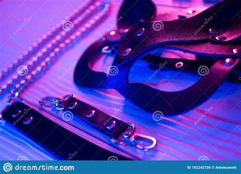 Set Of Erotic Toys For Bdsm The Game Of Sexual Slavery With A Whip Gag And Leather Blindfold