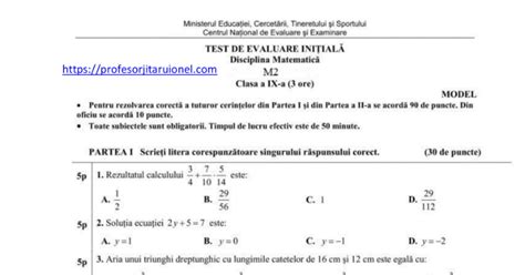Teste Initiale Matematica Clasa A 9 A M1 M2 Cu Bareme An Scolar 2018