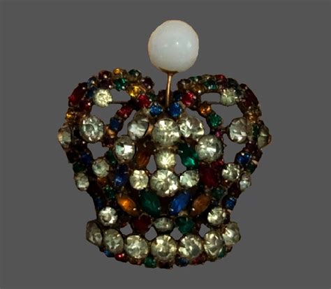 Crown Brooch Vintage Jewelry Alloy Rhinestones Crystals Signed