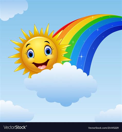 Illustration Of Smiling Sun Character Near The Rainbow And Clouds