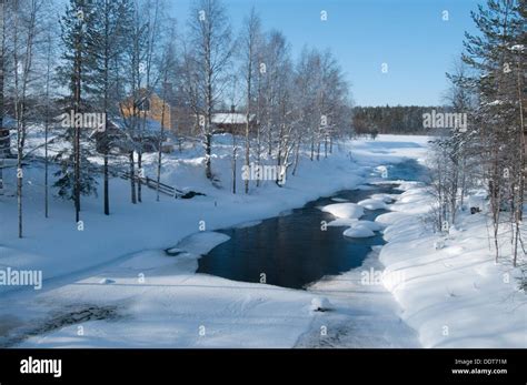 Frozen River In The Surroundings Of Kuhmo Finland In February Stock