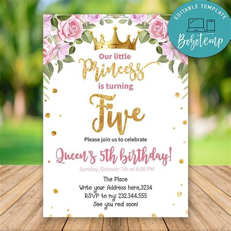 Editable Pink And Gold Princess Fifth Birthday Invitations Diy