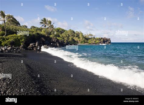 Black Sand Beach At Waianapanapa State Park On Road To Hana Maui Hawaii