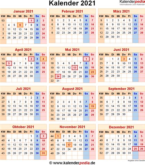 Silahkan download kalender 2021 ini dengan gratis. Kalender 2021 mit Excel/PDF/Word-Vorlagen, Feiertagen ...