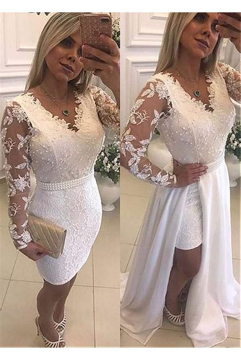 Long Sleeves Beaded V Neck Lace White Prom Dresses Formal Evening