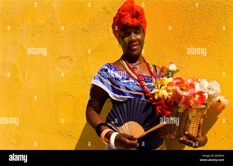 Old Havana Habana Cuba With Lady Character With Flowers In Costume And