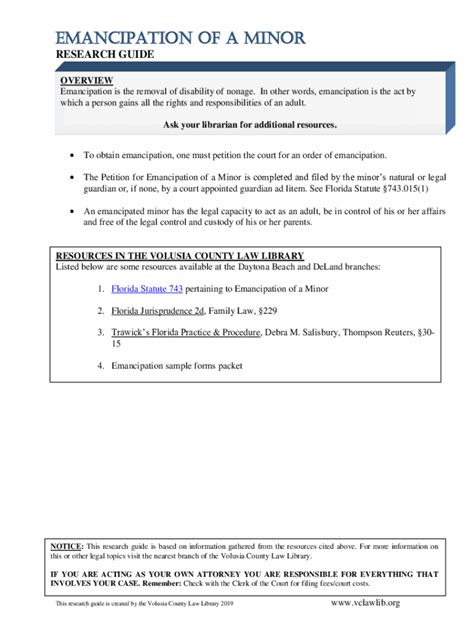 2019 2024 Form Fl Emancipation Of A Minor Research Guide Volusia