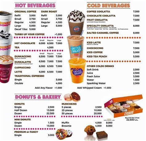 May 25, 2021 · dunkin donuts (dd) menu, dunkin donuts menu with price list latest dunkin donuts (dd) menu with price detail for full menu that include combos with hot coffee, combos with ice tea, breakfast sandwiches, croissant, muffin, biscuit, flatbread, bakery and beverages with quantity. Dunkin' Donuts Menu, Menu for Dunkin' Donuts, Ghazir, Kesserwein - Zomato Lebanon