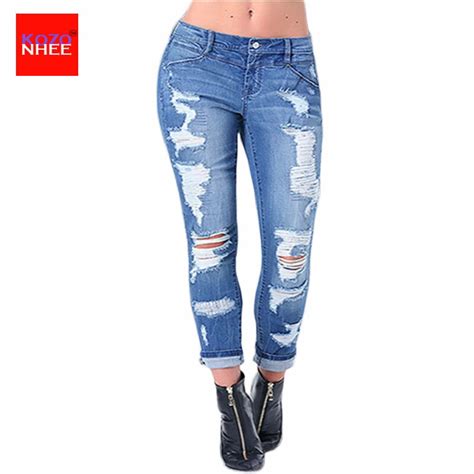 Holes Stretching Ripped Women Jeans With High Waist Elastic Torn Jeans For Women Boyfriends