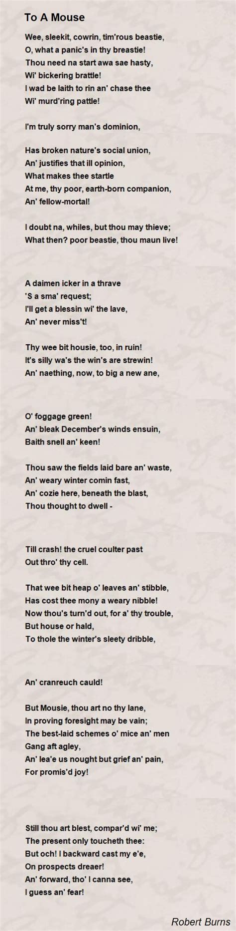 A red, red rose, a fond kiss, a man's a man for a' that. To A Mouse Poem by Robert Burns - Poem Hunter