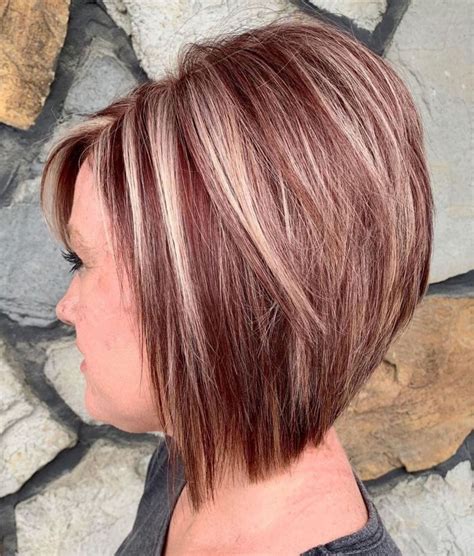 Long Stacked Auburn Bob With Blonde Highlights Stacked Haircuts