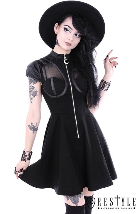 Black Gothic Dress Witchcraft Fashion Moon Zipper Future Goth Dress