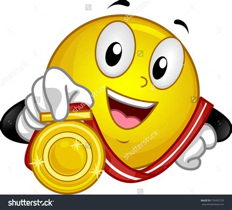 Illustration Smiley Mascot Showing Gold Medal เวกเตอร์สต็อก ปลอดค่า