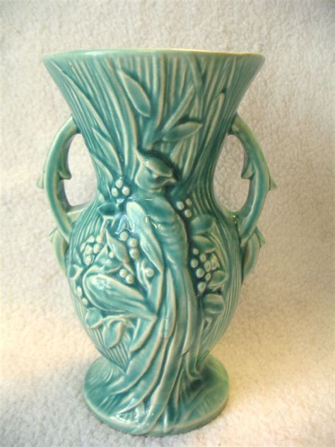 Vintage McCoy Pottery Vase Peacock Bird Turquoise Aqua Mccoy Pottery
