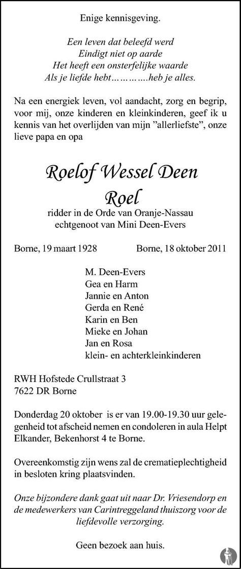 Roelof Wessel Roel Deen Overlijdensbericht En Condoleances My XXX Hot