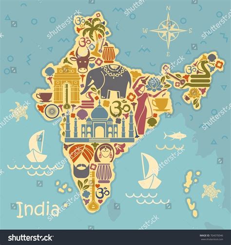 Map Of India With Icons Traditional Symbols Of Culture And Architecture Of India Literature