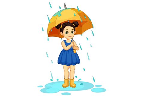 Cute Little Girl Holding A Umbrella In The Rain 1308137 Vector Art At