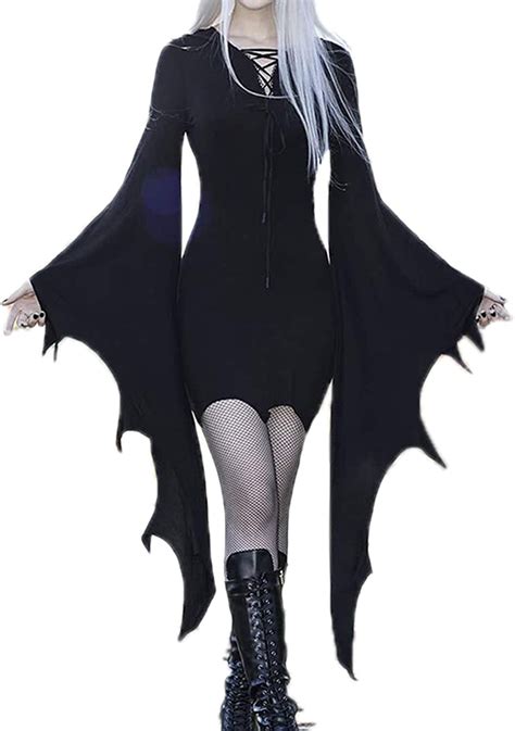 Womens Black Batwing Long Sleeve Zip Up Bodycon Dress Halloween Costume Dress For Adults