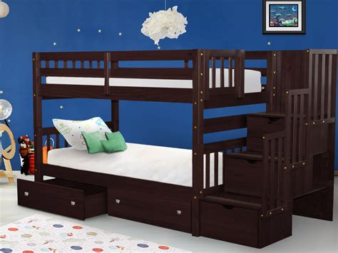 bedz king stairway bunk beds twin over twin with 3 drawers in the steps and 2 under bed drawers