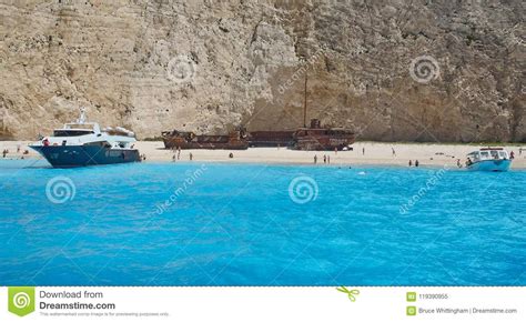 Boats At Navagio Beach Zakynthos Greek Island Greece Editorial Image