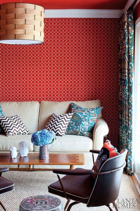 Red Wallpaper Accent Walls In Living Room Living Room Red Interior