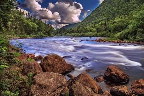 Canada Rivers Stones Scenery Clouds Quebec Nature Wallpapers
