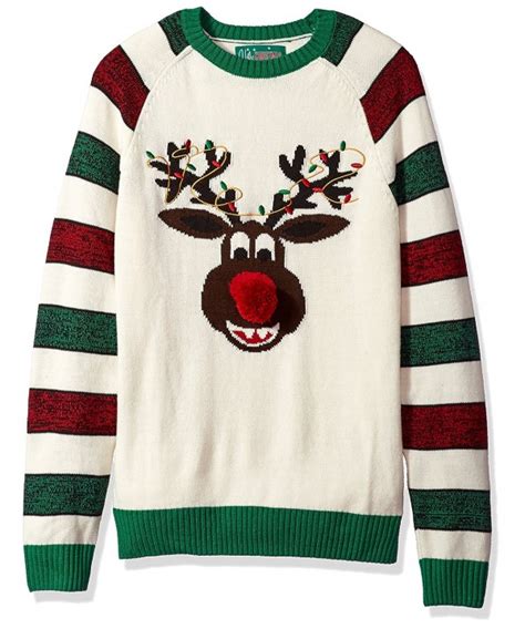 Ugly Christmas Sweater Mens Reindeer Face With Red Pom Nose Cream