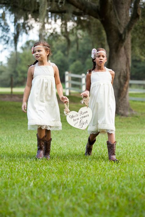 Rustic Flower Girls In Simple Lace Dress And Cowboy Boots From Our