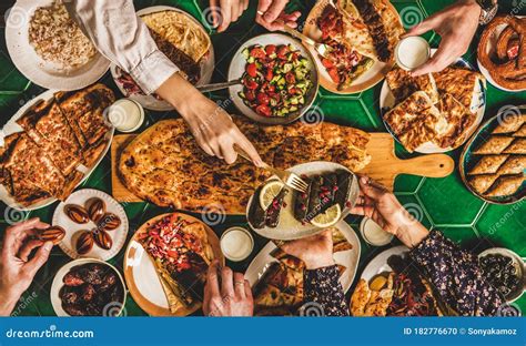 Muslim Ramadan Iftar Family Dinner With Turkish Foods And Ayran Stock