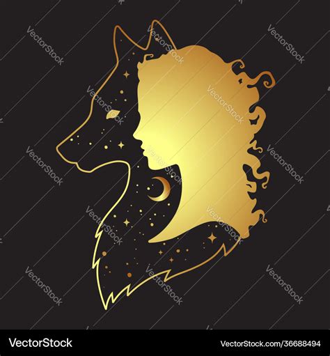 Silhouette Beautiful Woman With Shadow Wolf Vector Image